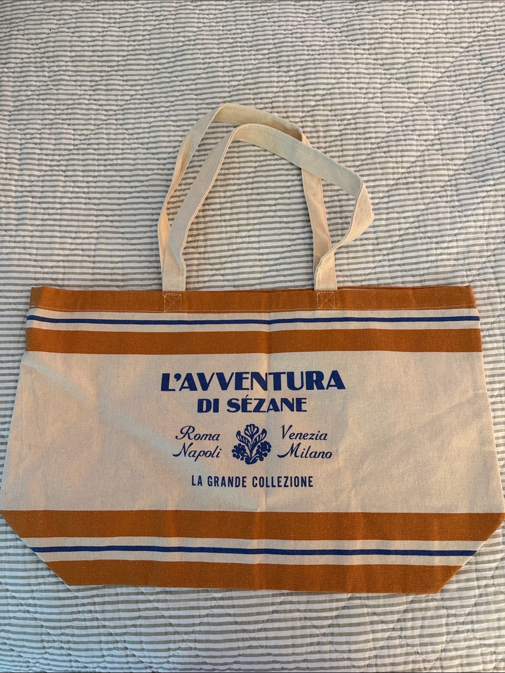 Sezane Canvas Tote in Cream and Brown with Blue Logo